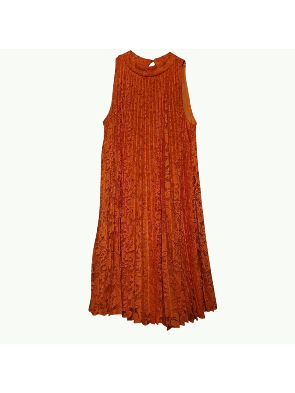 Orange Sleeveless Lace Pleated Midi Dress With Keyhole Back & Button Closure